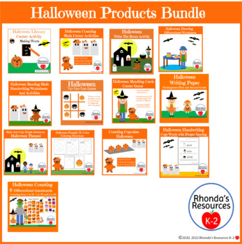 Preview of Halloween Activities Bundle for K to Second Grade ELA Math And Writing