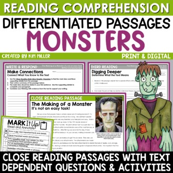 Preview of Halloween Activities Close Reading Comprehension Passages Fall Monsters