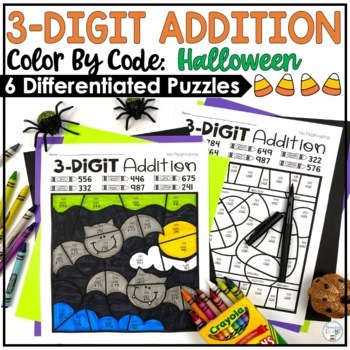 Preview of Halloween Activities | Three Digit Addition Color by Number | Halloween Math