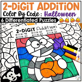 Preview of Halloween Activities Two Digit Addition Color by Number | Halloween Math