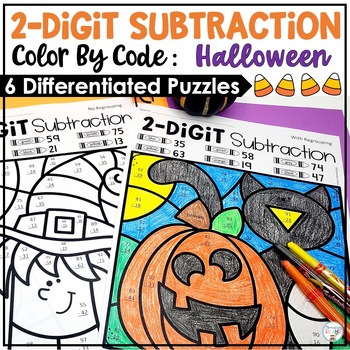 Preview of Halloween Activities | Two Digit Subtraction Color by Number | Halloween Math