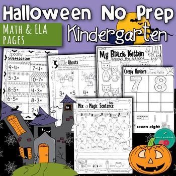 Preview of Halloween Activities for Kindergarten No Prep Math and Literacy Worksheets