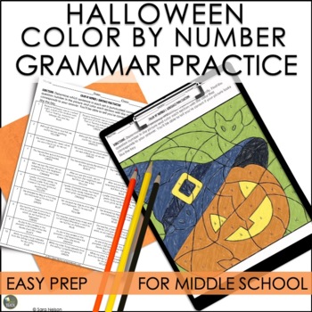 Preview of Halloween Activities for Middle School ELA Color By Number Grammar Practice