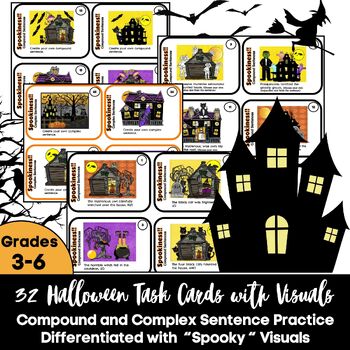 Preview of Halloween Activity 32 Spooky Sentence Building Task Cards 3rd 4th & 5th Grade