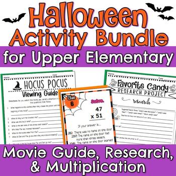 Preview of Halloween Activity Bundle for Math & ELA - Research, Multiplication, and Movie