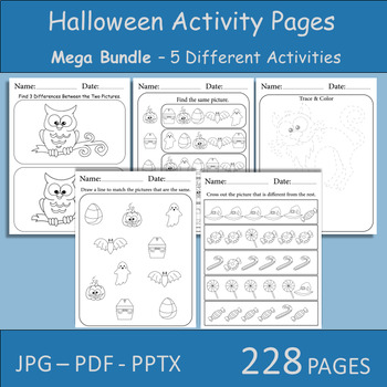 Preview of Halloween Activity Pages. 5 Different Types of Halloween Activity Worksheets