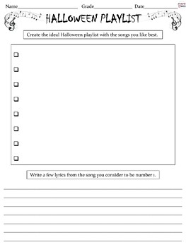 Preview of Halloween Activity - Spooky Songs Playlist - Music Writing Fun Worksheet