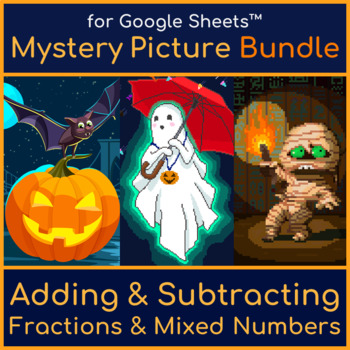 Preview of Halloween  Adding & Subtracting Fractions & Mixed Numbers Mystery Picture Bundle