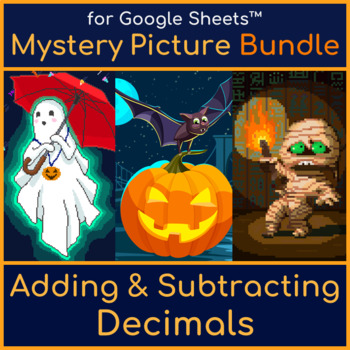 Preview of Halloween Adding and Subtracting Decimals Mystery Picture Pixel Art Bundle