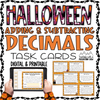Preview of Halloween Adding and Subtracting Decimals Task Cards 