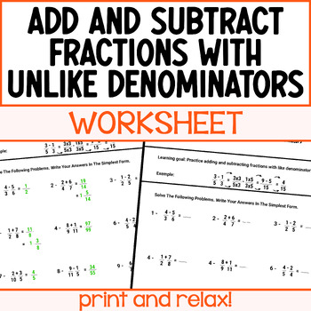 Preview of Adding and Subtracting Fractions With Unlike Denominators Worksheet