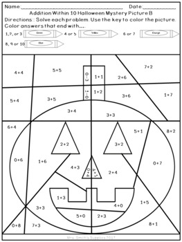 Halloween Adding and Subtracting within 10 Mystery Pictures | TPT