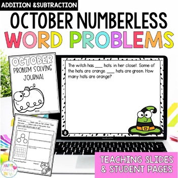 Preview of Halloween Addition and Subtraction Numberless Word Problems October 1st Grade