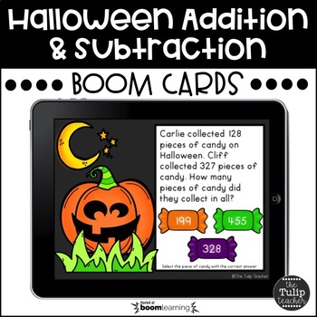 Preview of Halloween Addition and Subtraction Word Problems Boom Cards™ - Digital