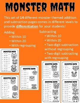 Preview of Math Addition and Subtraction Halloween Math Addition and Subtraction Worksheets