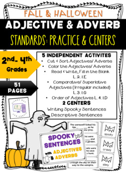 Preview of Halloween Adjective & Adverb | Center | Independent Practice | 2nd - 4th Grade