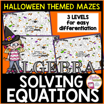 Preview of Halloween Algebra 1 Solving Equations Mazes Math Activity Differentiated Levels