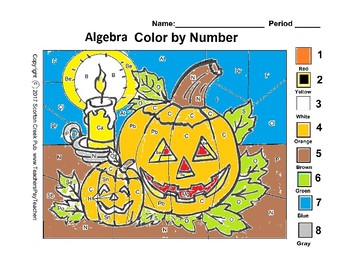 Preview of Halloween Color By Number Algebra ex: solve for y: 4-7y = 1 - 6y