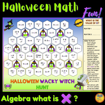 Preview of Halloween Algebra Fun Game for 2 - Find the value of x using + - x and ÷