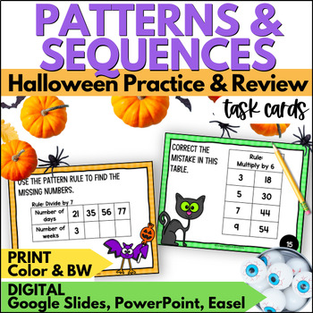 Preview of Halloween Algebraic Number Patterns Task Cards - October Practice and Review
