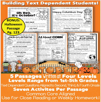 Preview of Halloween "All Hallows' Eve" 6 October Themed LEVELED Close Reading Passages CC