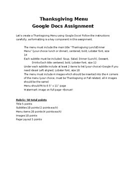 Preview of Create a Thanksgiving Menu! Google Docs Assignment