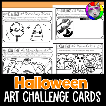 Preview of Halloween Art Lesson Challenge Cards, 40 Drawing Prompts and Art Activities