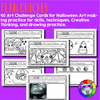 Halloween Art Lesson Challenge Cards, 40 Drawing Prompts and Art Activities