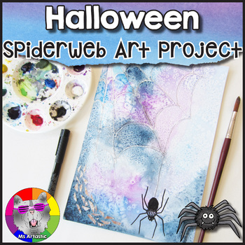 Preview of Halloween Art Lesson, Spiderweb Watercolor Art Project Activity for Elementary