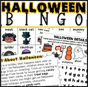 Preview of Halloween BINGO with WH- questions, Halloween Passage, Halloween Word Searches