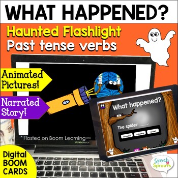 Preview of Halloween Speech Therapy BOOM CARDS Haunted Flashlight Activity Past Tense Verbs