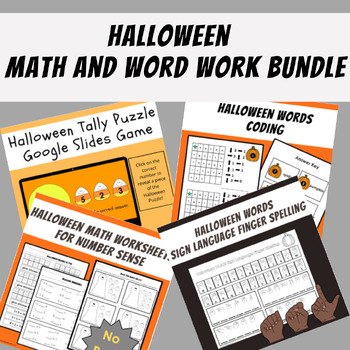 Preview of Halloween BUNDLE! Math and literacy pages, sign language word work, coding.