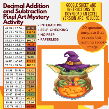 Preview of Halloween Baby Alien Decimal Addition and Subtraction Pixel Art Mystery Reveal
