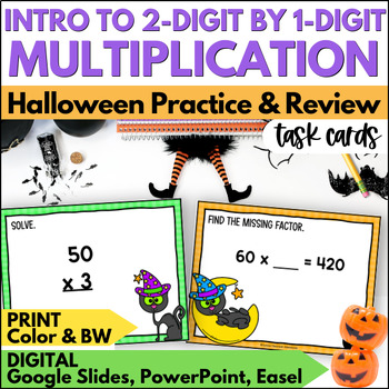 Preview of Halloween Introducing 2 Digit by 1 Digit Multiplication Beginner Task Cards