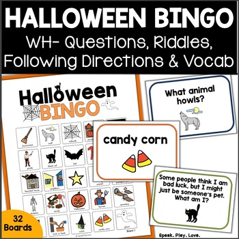 Preview of Halloween Bingo Speech Therapy Game - WH Questions Following Directions Riddles