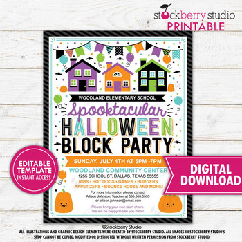 Preview of Halloween Block Party Flyer Invitation Neighborhood Festival School Community