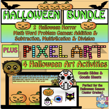 Preview of Halloween Bundle: 2 Math Word Problem Games & 4 Pixel Art Activities