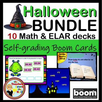 Preview of Halloween Bundle 4th Grade Math and ELAR Cards Halloween Themed Activities