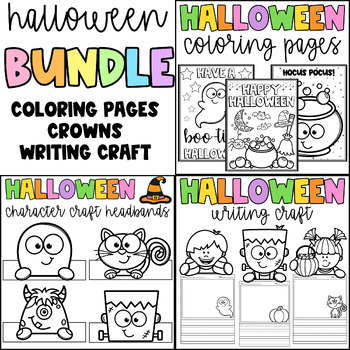 Preview of Halloween Bundle - Coloring Pages, Character Crowns/Hats, and Writing Craft!