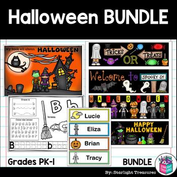Preview of Halloween Bundle: Mini Book, Name Tags, Bookmarks, Alphabet Workbook