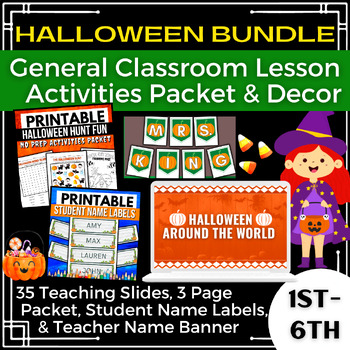 Preview of Halloween Bundle - No Prep Classroom Lesson, Printable Activity, & Decor