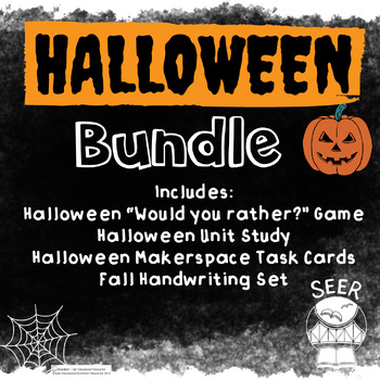 Preview of Halloween Bundle - Unit Study, Game, Handwriting Pages and Makerspace cards