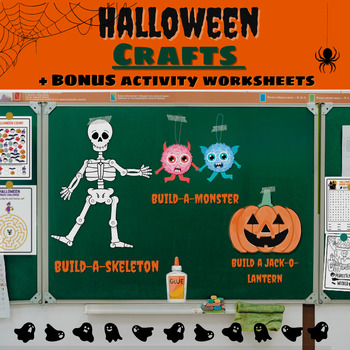 Preview of Halloween CRAFTS  + BONUS NO PREP worksheets | Puzzles, Coloring Sheets, Math