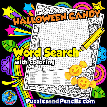 Preview of Halloween Candy Word Search Puzzle Activity with Coloring | Halloween Wordsearch