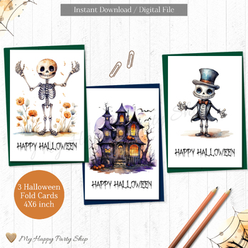 Preview of Halloween Card, Happy Halloween Greeting Card, Set of 3, 4"X6". Printable