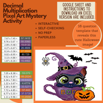 Preview of Halloween Cat in a Mug Decimal Multiplication Pixel Art Mystery Reveal