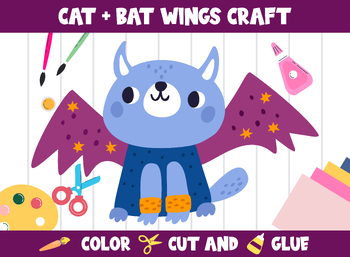 Preview of Halloween - Cat with Bat Wings Craft Activity, Color, Cut & Glue for PreK - 2nd