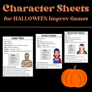 Preview of Drama Club Games - Halloween Character Sheets with Improv Games