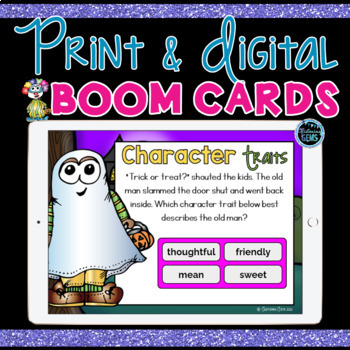 Preview of Halloween Character Traits Digital Boom Cards and Task Cards Bundle