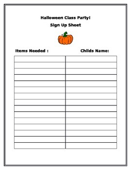 Halloween class party sign up sheet